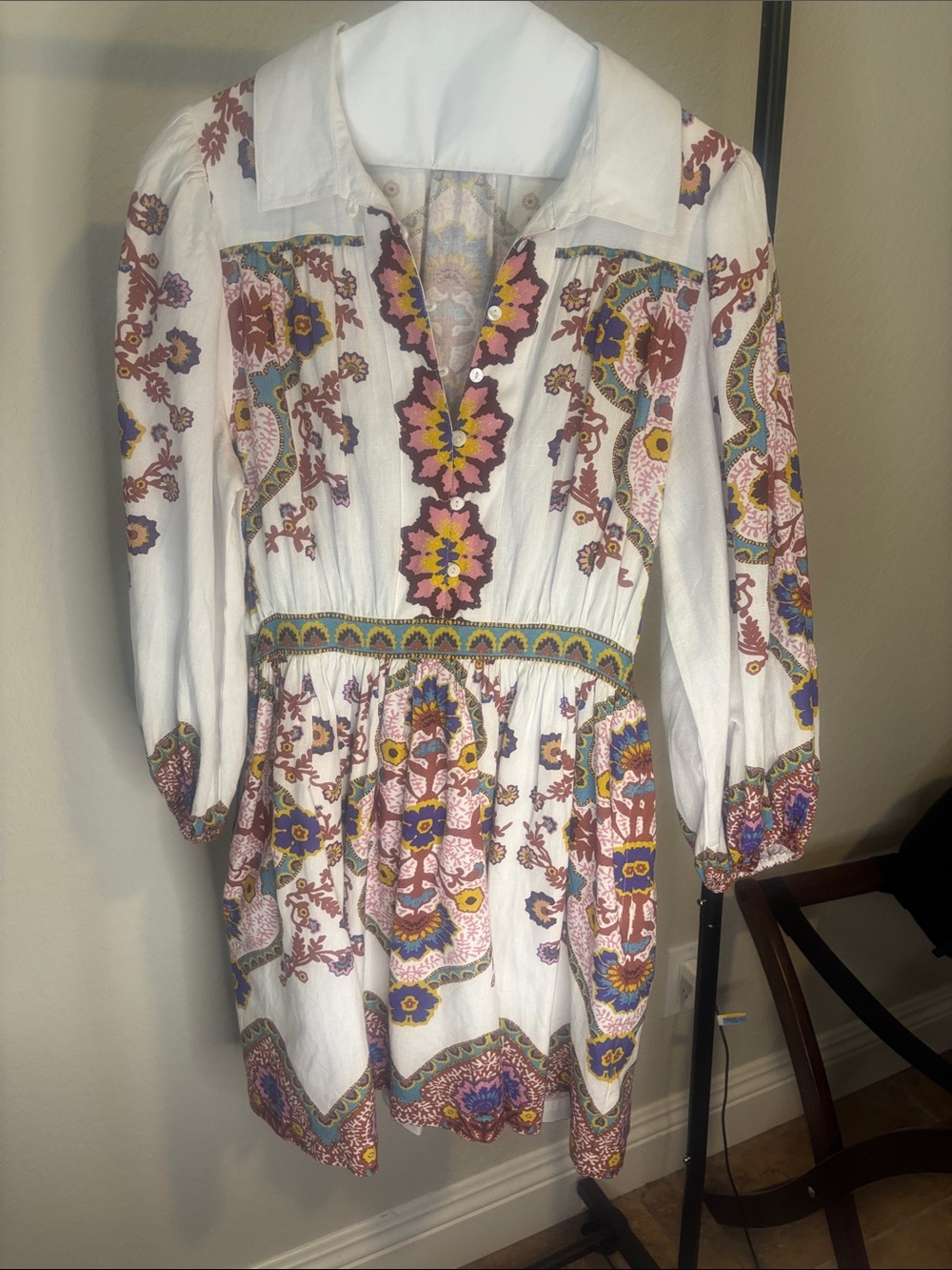 Cleobella White Mini Dress with Multicolor Floral Embroidery